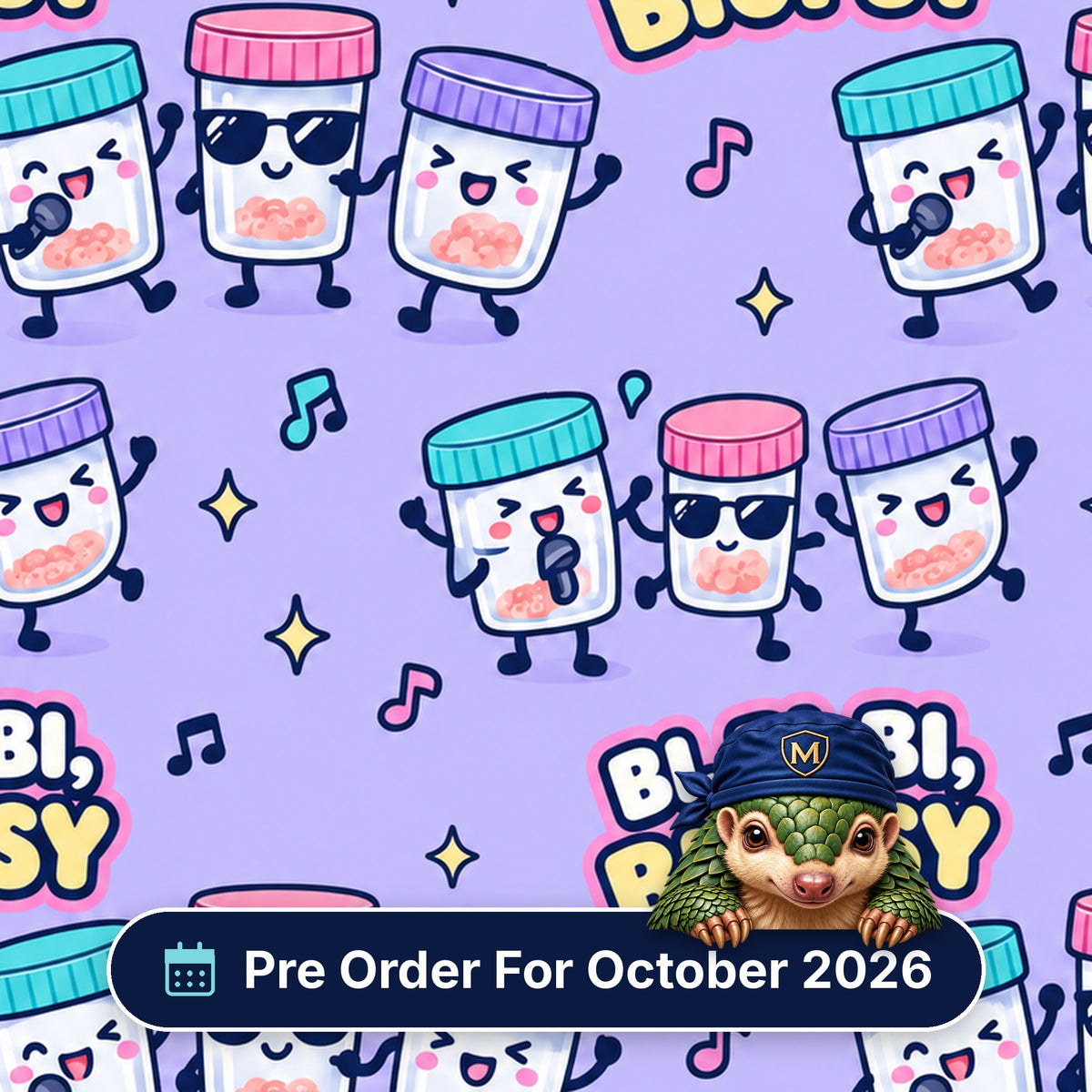 Bi Bi Bi Biopsy scrub cap print: singing specimen pots in sunglasses with music notes on lilac, with a Pre Order For October 2026 badge
