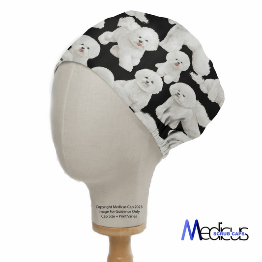 A mannequin head displays the Bichon Frise Dogs Scrub Cap from Medicus Scrub Caps, showcasing white fluffy dogs on black, ideal for animal lovers seeking an eco-friendly accessory.