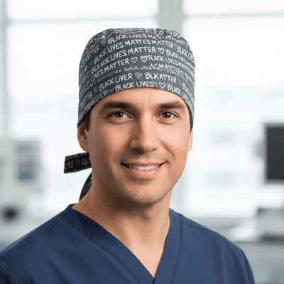 Black Lives Matter BLM scrub cap shown on male model