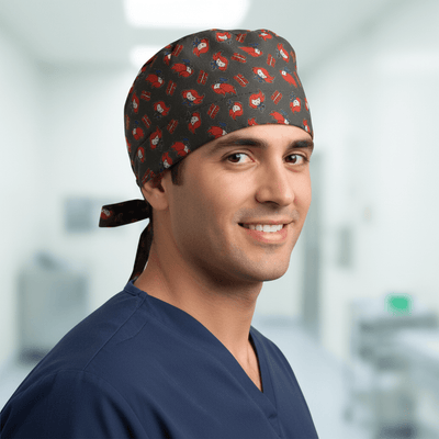 Black Widow Red Kawaii Superhero scrub cap shown on male model