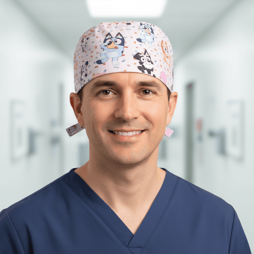 Bluey + Friends Confetti Party scrub cap shown on male model