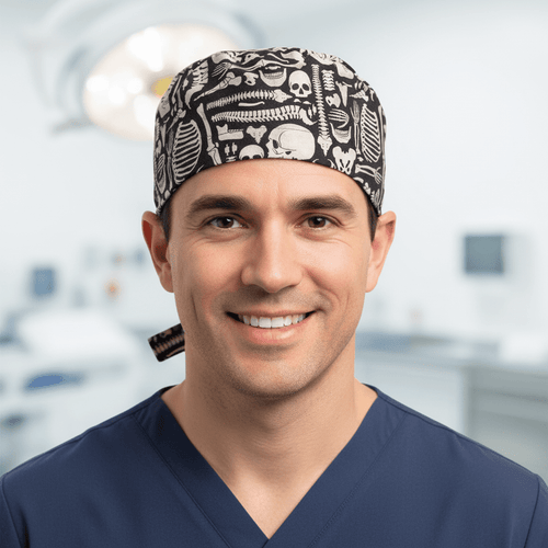 Bones Skeleton Dusty scrub cap shown on male model