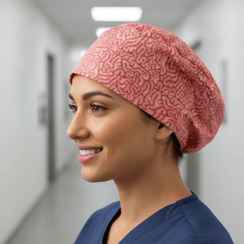 Brains Pink Human scrub cap shown on female model