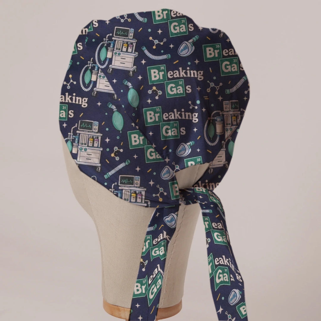 Breaking Gas scrub cap in Bandana tie-back style on mannequin head, back view with ties
