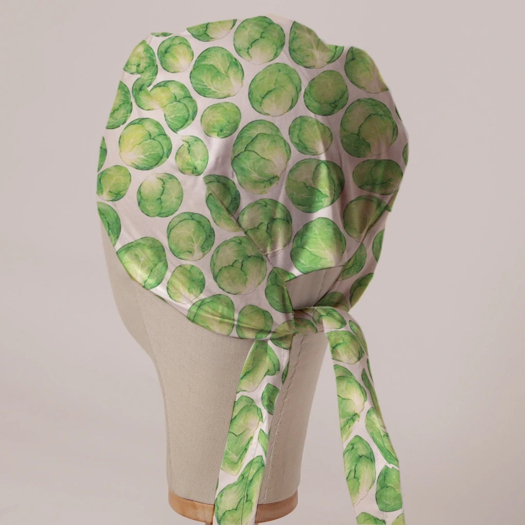 Brussels Sprouts scrub cap in Bandana tie-back style on mannequin head, back view with ties
