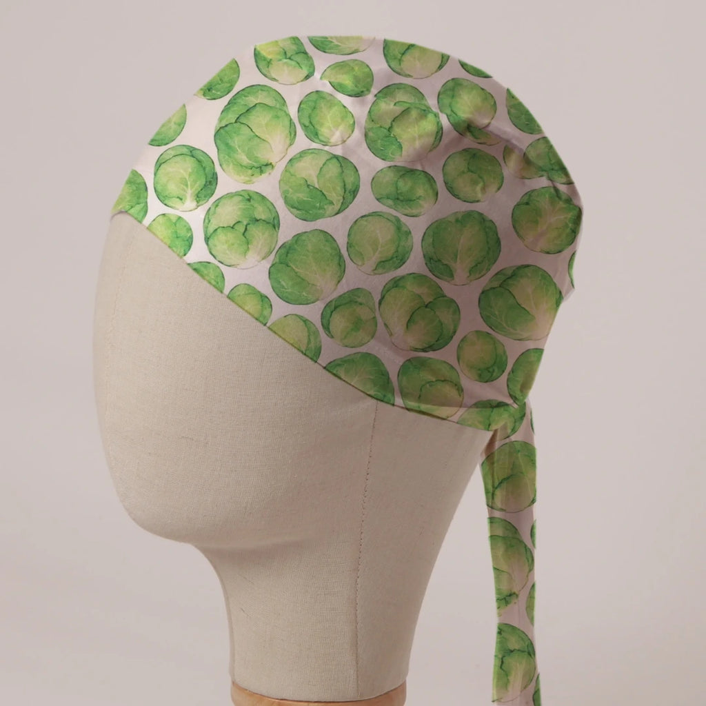 Brussels Sprouts scrub cap in Bandana tie-back style: watercolour Brussels sprouts on white