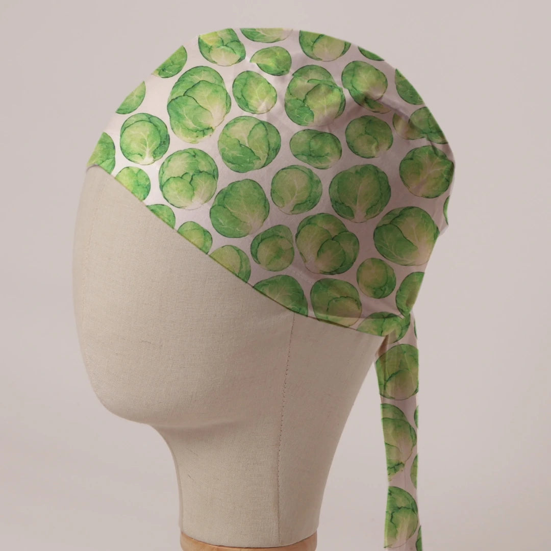 Brussels Sprouts scrub cap in Bandana tie-back style: watercolour Brussels sprouts on white