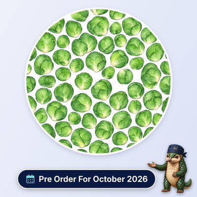 Brussels Sprouts scrub cap print: watercolour Brussels sprouts on white, with a Pre Order For October 2026 badge
