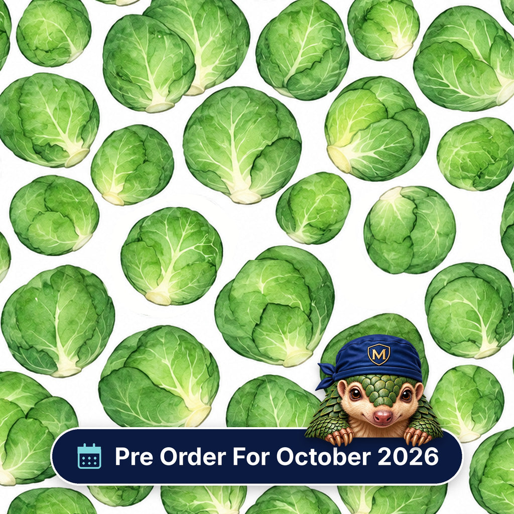 Brussels Sprouts scrub cap print: watercolour Brussels sprouts on white, with a Pre Order For October 2026 badge