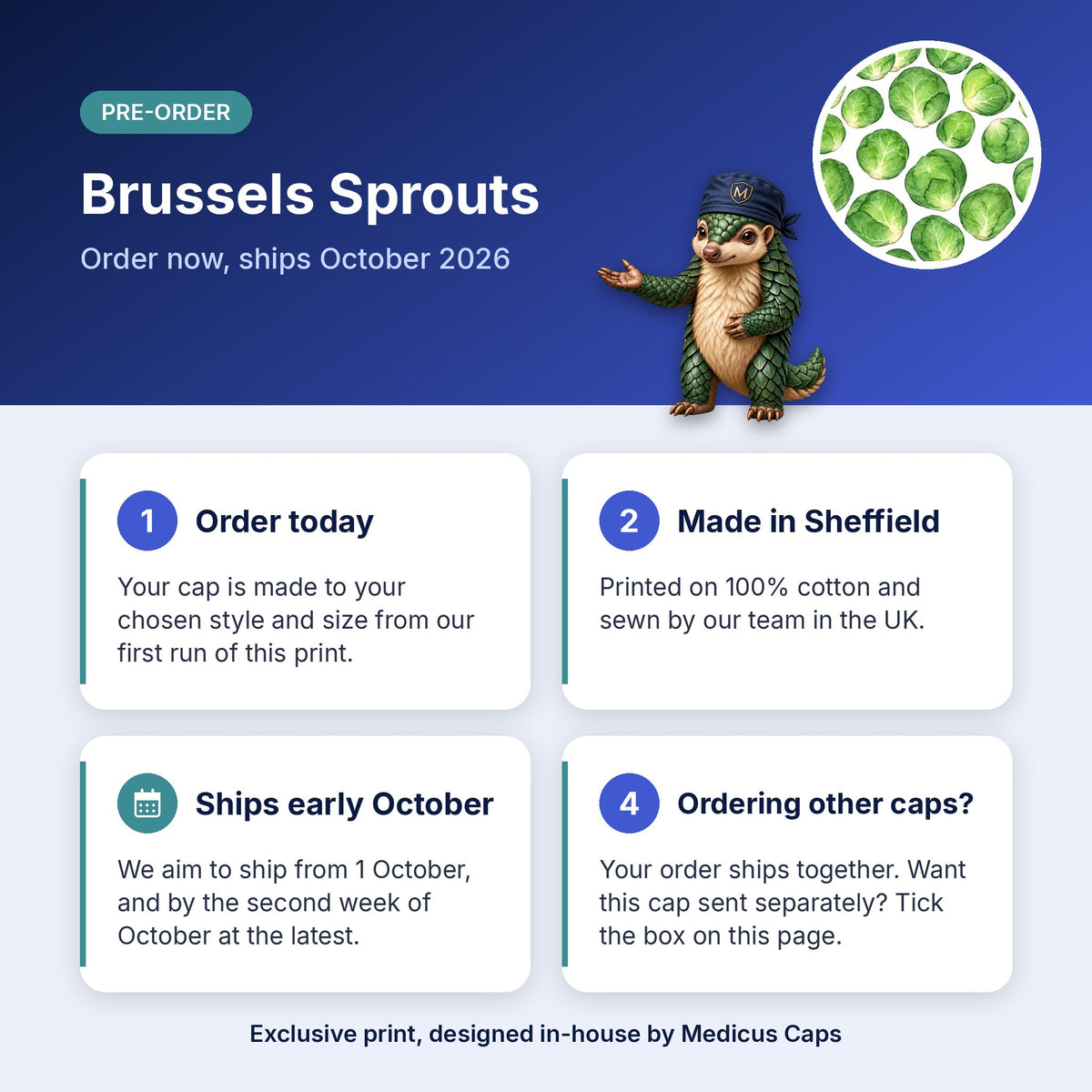 How pre-order works for the Brussels Sprouts scrub cap: order today, made in Sheffield, ships early October 2026