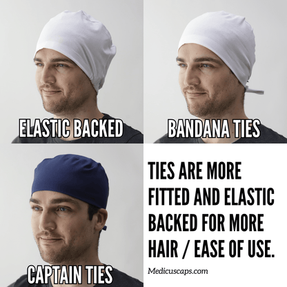 A man models three scrub cap styles: elastic-backed, bandana ties, and captain ties. “Ties offer a fitted feel; elastic back adds ease for more hair.” Explore bulk orders or get a sample box today at Medicus Scrub Caps: Bulk Order Scrub Cap Sample Boxes at Medicuscaps.com.