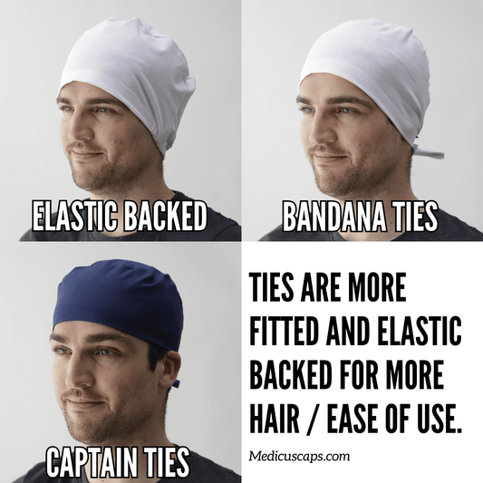 A man models three scrub cap styles: elastic-backed, bandana ties, and captain ties. “Ties offer a fitted feel; elastic back adds ease for more hair.” Explore bulk orders or get a sample box today at Medicus Scrub Caps: Bulk Order Scrub Cap Sample Boxes at Medicuscaps.com.