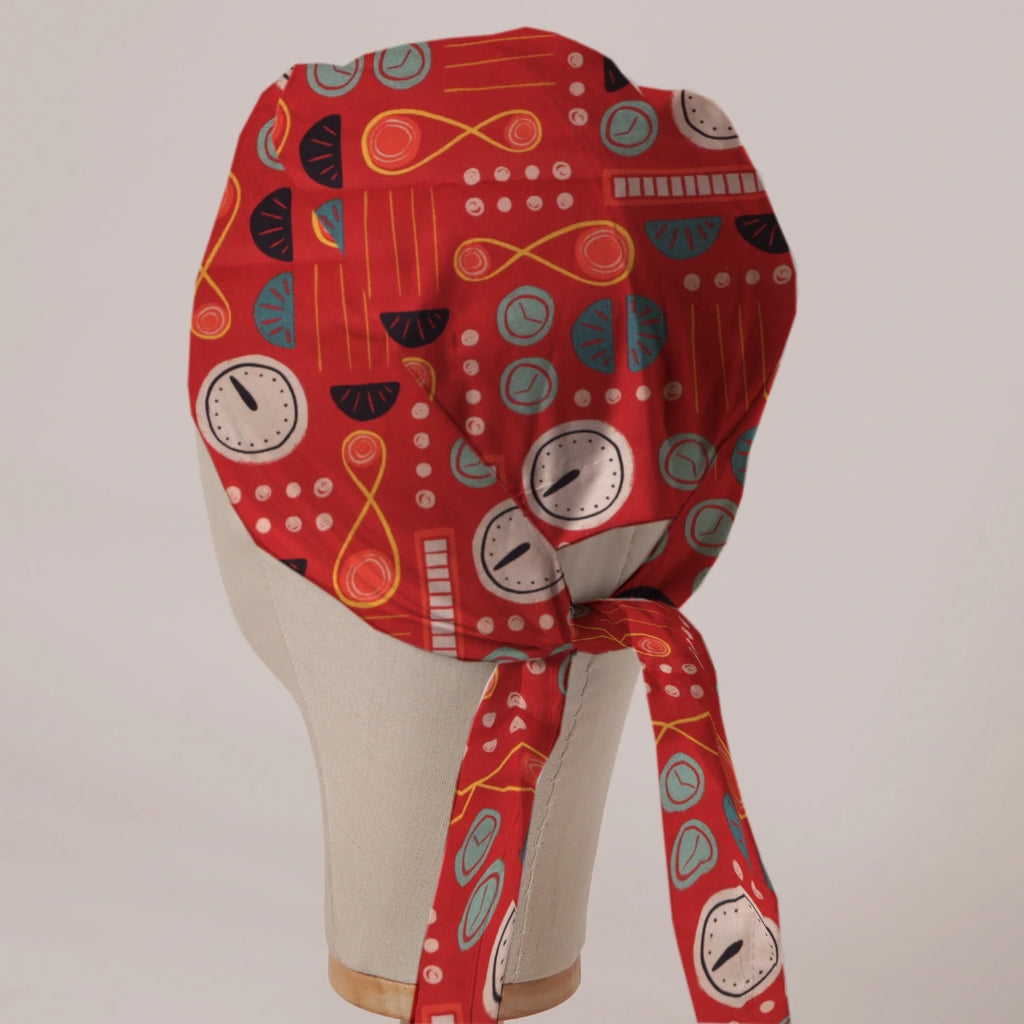 Cartoon Time Machine scrub cap in Bandana tie-back style on mannequin head, back view with ties