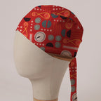 Cartoon Time Machine scrub cap in Bandana tie-back style: retro clock faces, dials and infinity loops on red