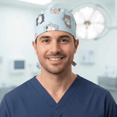 Cats in Face Masks scrub cap shown on male model