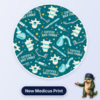 Certified Back Stabber scrub cap print: vertebrae, spinal needles, scalpels and retractors on deep teal