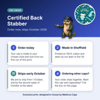 How pre-order works for the Certified Back Stabber scrub cap: order today, made in Sheffield, ships early October 2026