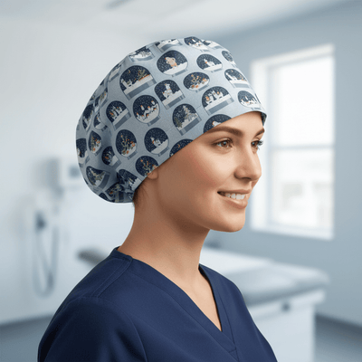 Christmas Snow Globes Blue scrub cap shown on female model
