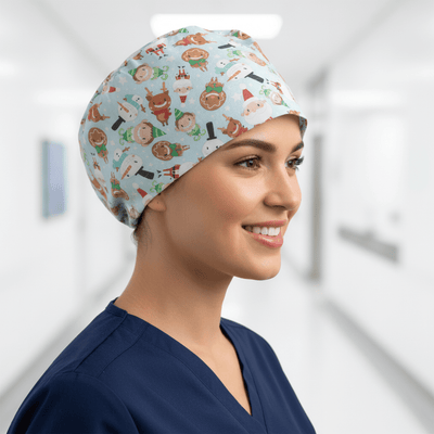 Christmas Smiling Santa Elf Elves Reindeer scrub cap shown on female model