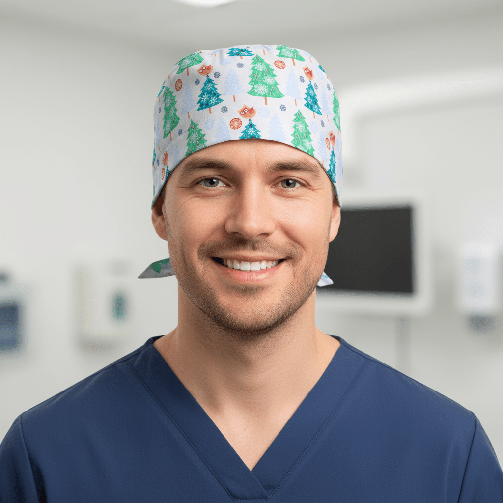 Christmas Tree With Owl On Top Scrub Cap