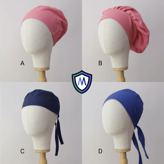 Four mannequin heads display different scrub caps from Medicus Scrub Caps. A and B show pink, with B baggy; C and D are blue, with D tied back. A central M shield logo highlights quality assurance and eco-friendly materials.