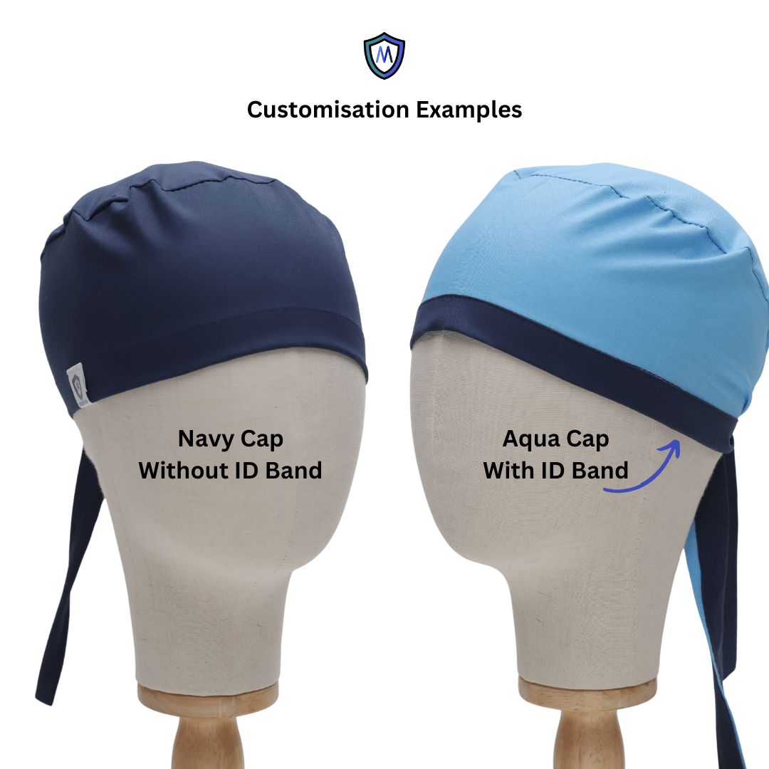 Two mannequins display Medicus Scrub Caps, showcasing customization for medical staff: the left models a navy cap without an ID band, while the right dons an aqua cap with an ID band. Customisation Examples is highlighted above them.