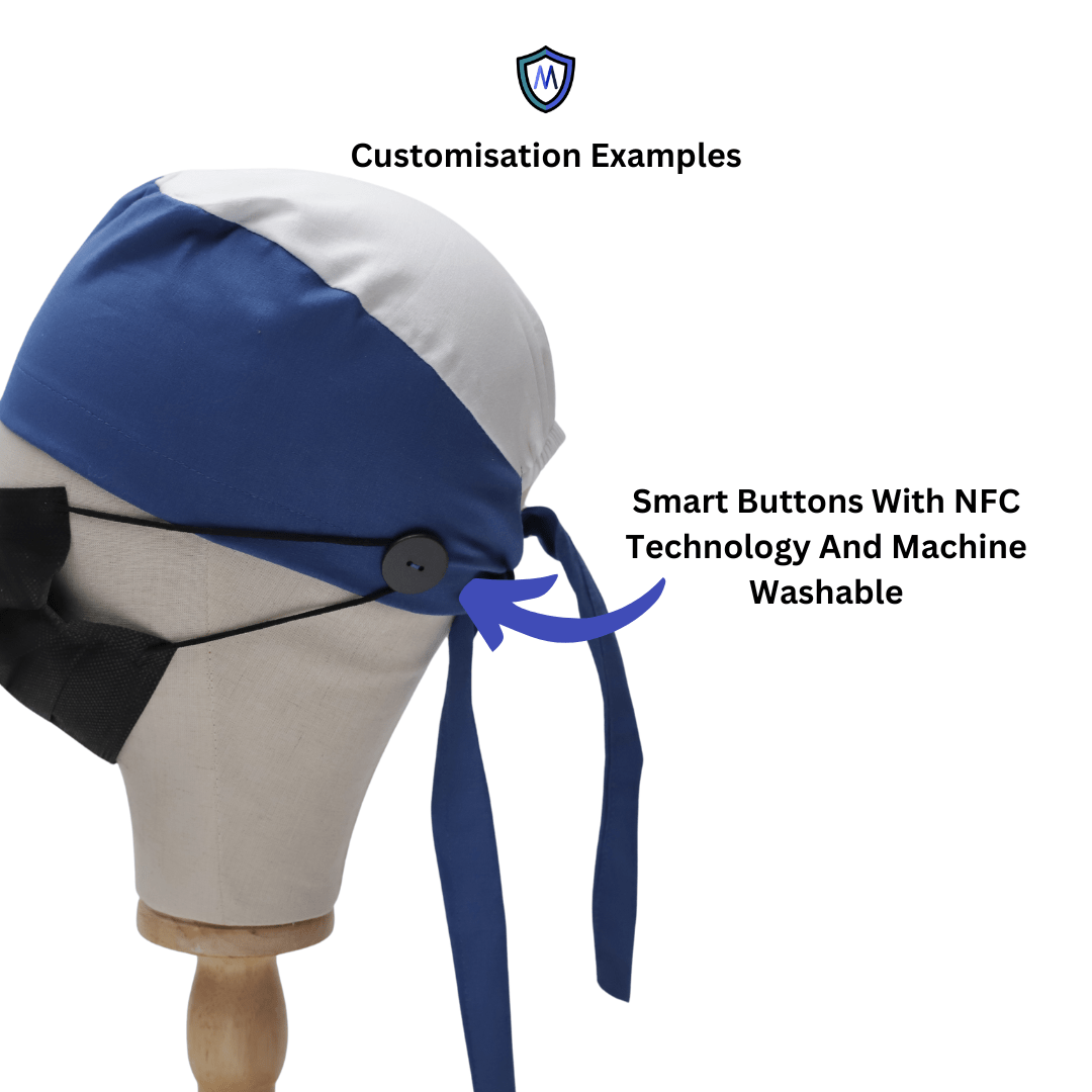 A mannequin head wears a blue and white scrub cap with black smart buttons and NFC technology.