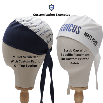 Two mannequin heads showcase customizable scrub caps: mullet style with custom fabric, and specific placement on custom printed fabric.