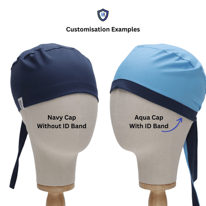 Two mannequin heads showcase scrub caps: navy without ID band, aqua with navy ID band.