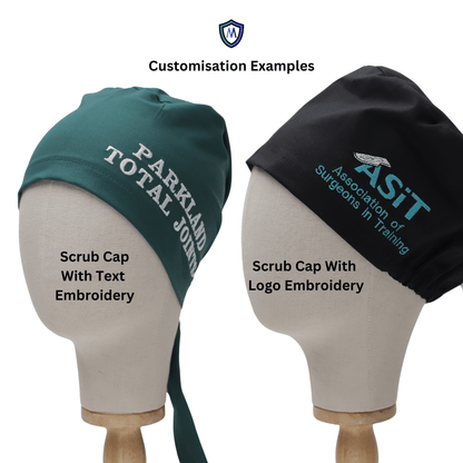 Two mannequin heads display Medicus Scrub Caps, exemplifying vibrant workwear: the left is green with Parkland Total Joint in white, and the right is black with ASiT and a slogan in blue. Above them, the text reads Customisation Examples.