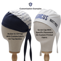Two mannequin heads display customized scrub caps. The left cap, 100% cotton Dark Blue Text Fabric Top, and the right cap, White with Blue Text and personalized name. Both designed for comfort with tied straps at the back. Product by Medicus Scrub Caps: Classic Plain Teal Green Scrub Cap | Theatre Hat.