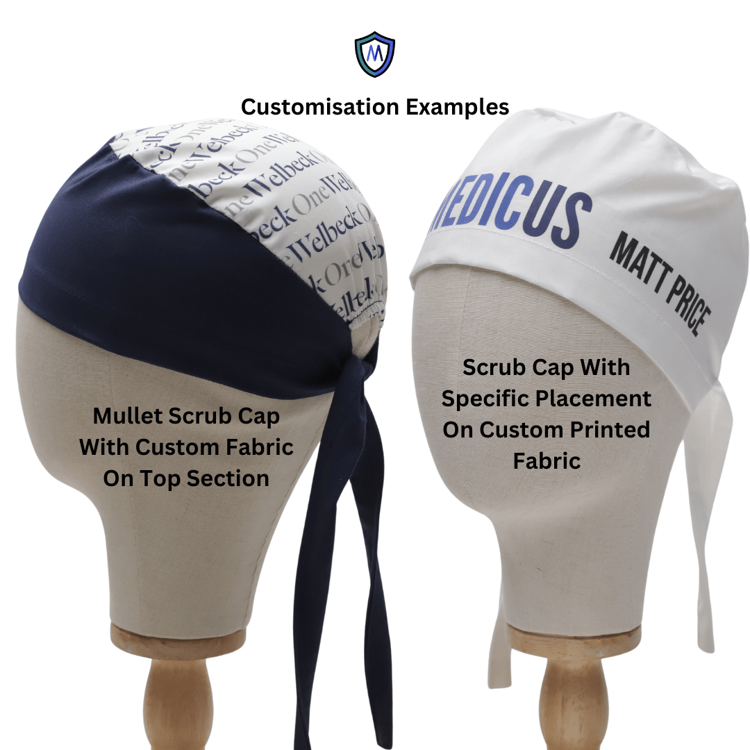Two mannequin heads display customized scrub caps. The left features a dark blue theatre hat in 100% cotton, contrasting with the right, which sports a Classic Plain White Scrub Cap by Medicus Scrub Caps on printed fabric. Text above reads Customization Examples.