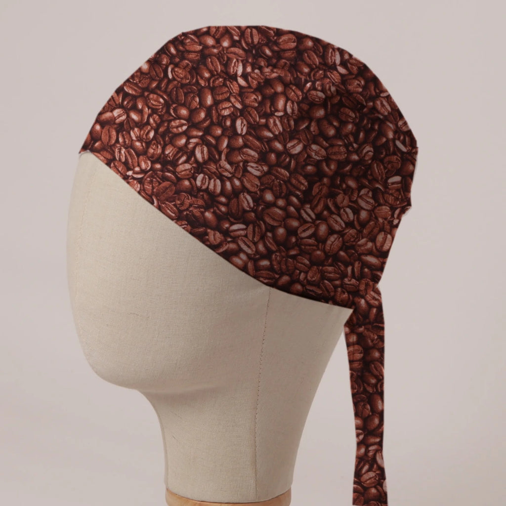 Coffee Beans scrub cap in Bandana tie-back style: roasted coffee beans edge to edge