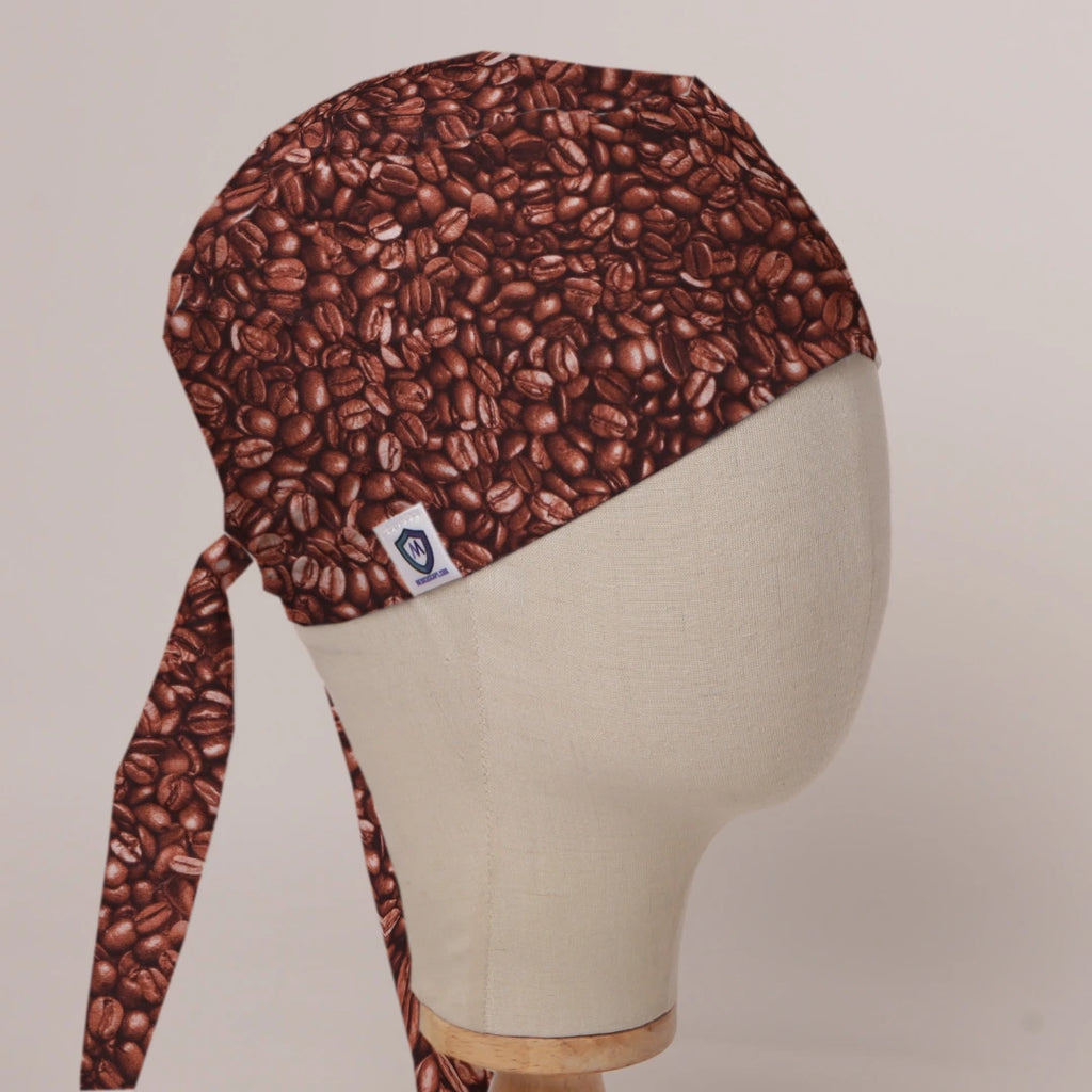 Coffee Beans scrub cap in Bandana tie-back style on mannequin head, front right view with the Medicus label