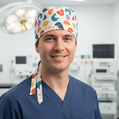 Colourful Organs Hearts Kidneys scrub cap shown on male model