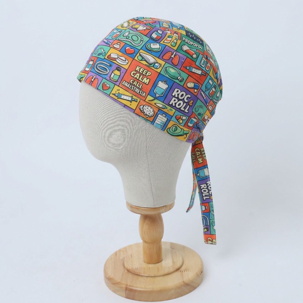 Cool Comic Anaesthesia scrub cap fabric pattern close-up