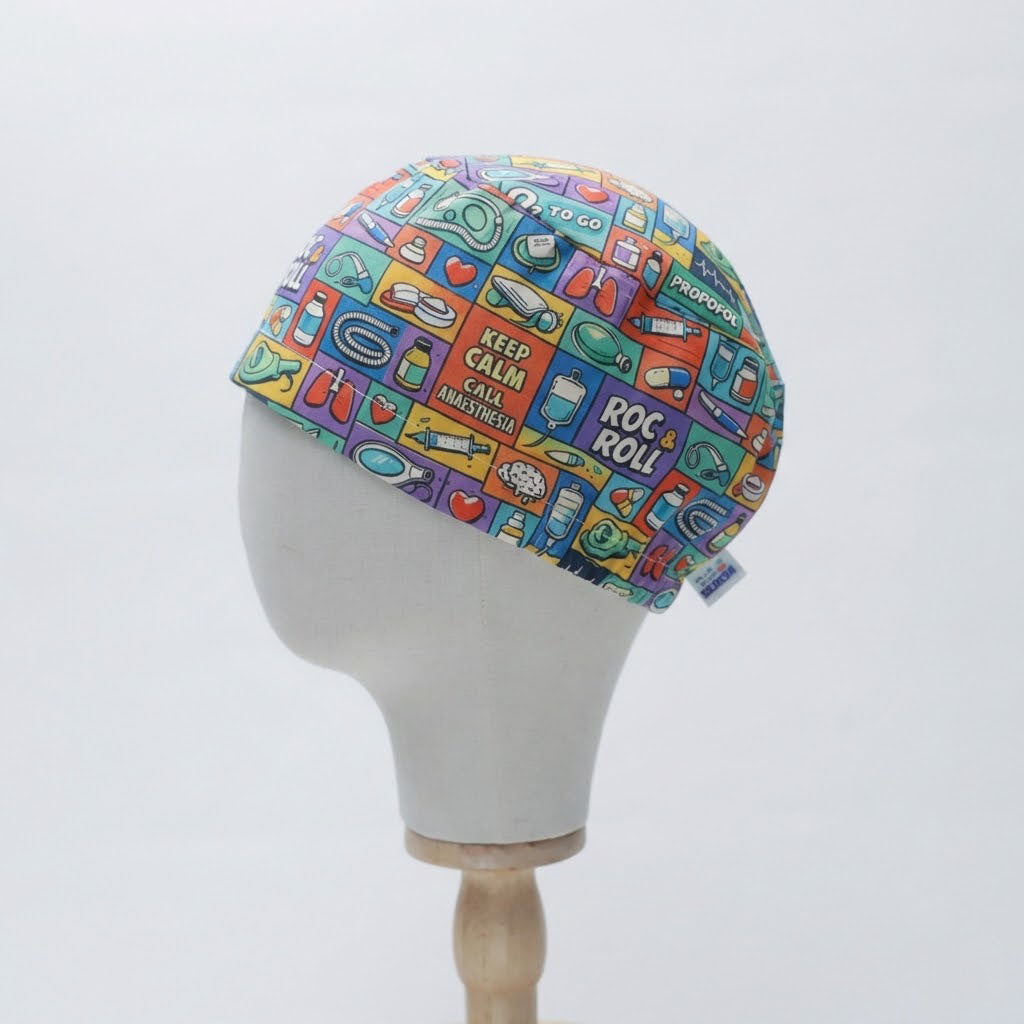 Cool Comic Anaesthesia scrub cap shown from side angle