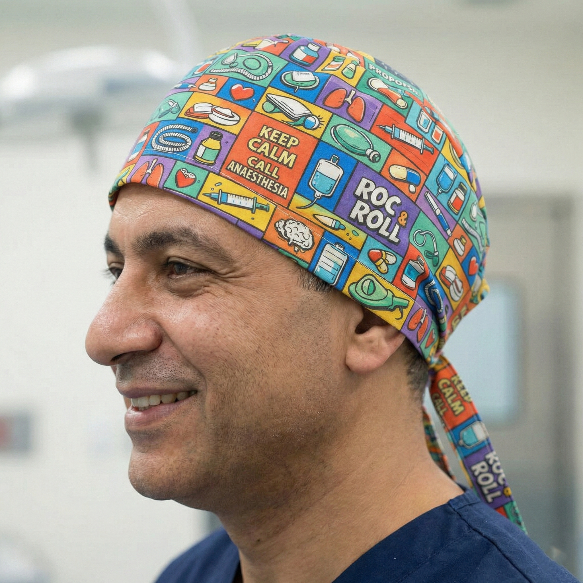 Cool Comic Anaesthesia scrub cap shown on model