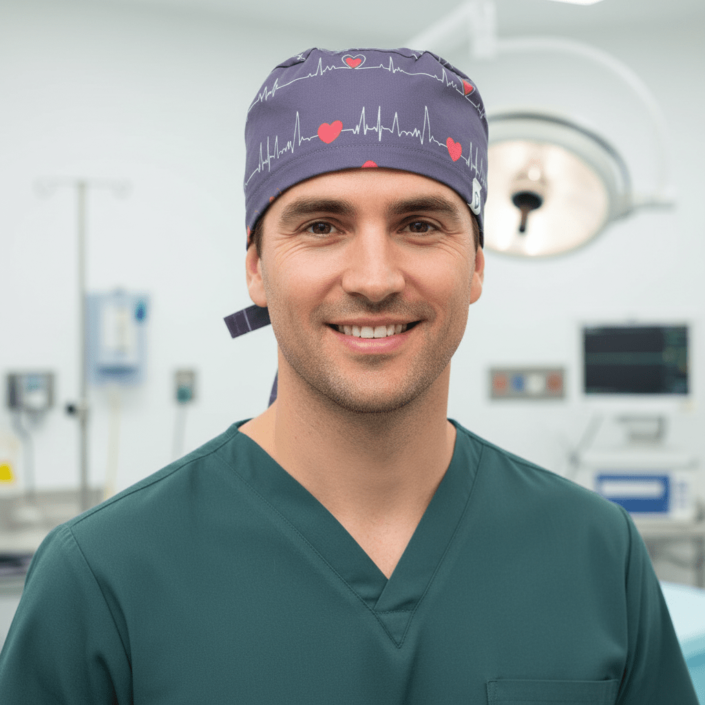 EKG Heart Monitor #2 Navy Scrub Cap scrub cap flat lay view