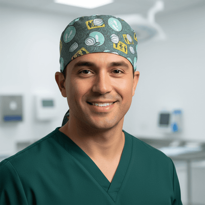 Covid Masks Social Distancing scrub cap shown on male model
