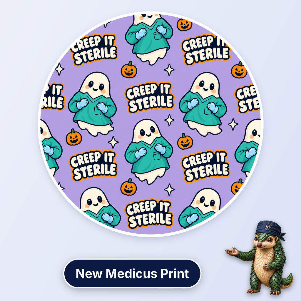 Creep It Sterile scrub cap print: friendly ghosts in teal scrubs and gloves with pumpkins on purple