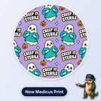 Creep It Sterile scrub cap print: friendly ghosts in teal scrubs and gloves with pumpkins on purple