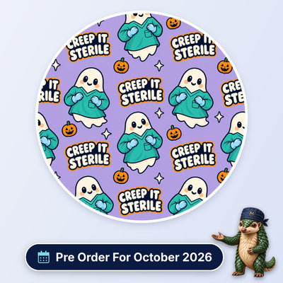 Creep It Sterile scrub cap print: friendly ghosts in teal scrubs and gloves with pumpkins on purple, with a Pre Order For October 2026 badge