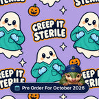 Creep It Sterile scrub cap print: friendly ghosts in teal scrubs and gloves with pumpkins on purple, with a Pre Order For October 2026 badge