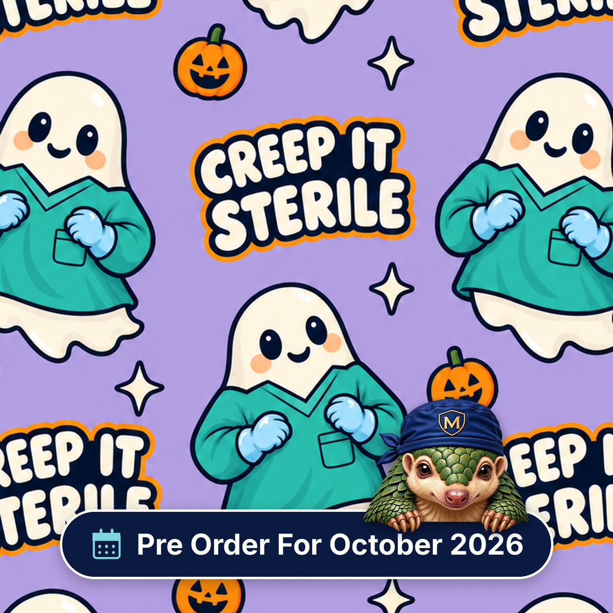 Creep It Sterile scrub cap print: friendly ghosts in teal scrubs and gloves with pumpkins on purple, with a Pre Order For October 2026 badge