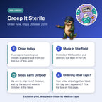 How pre-order works for the Creep It Sterile scrub cap: order today, made in Sheffield, ships early October 2026