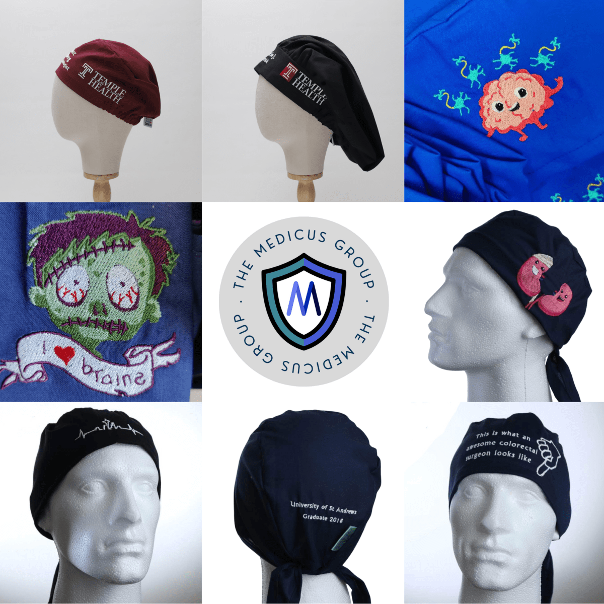 A collage features medical-themed custom scrub caps by Medicus Scrub Caps on mannequins, showcasing various university logos, personalized embroidery with brain and bone motifs, and the brands logo. These high-quality fabric caps are available in maroon, blue, and black.