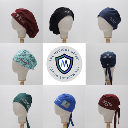 A 3x3 grid features mannequins wearing Medicus Scrub Caps, each made from top-quality fabric and showcasing unique designs. The center cap prominently displays The Medicus Group logo—a shield with an M.