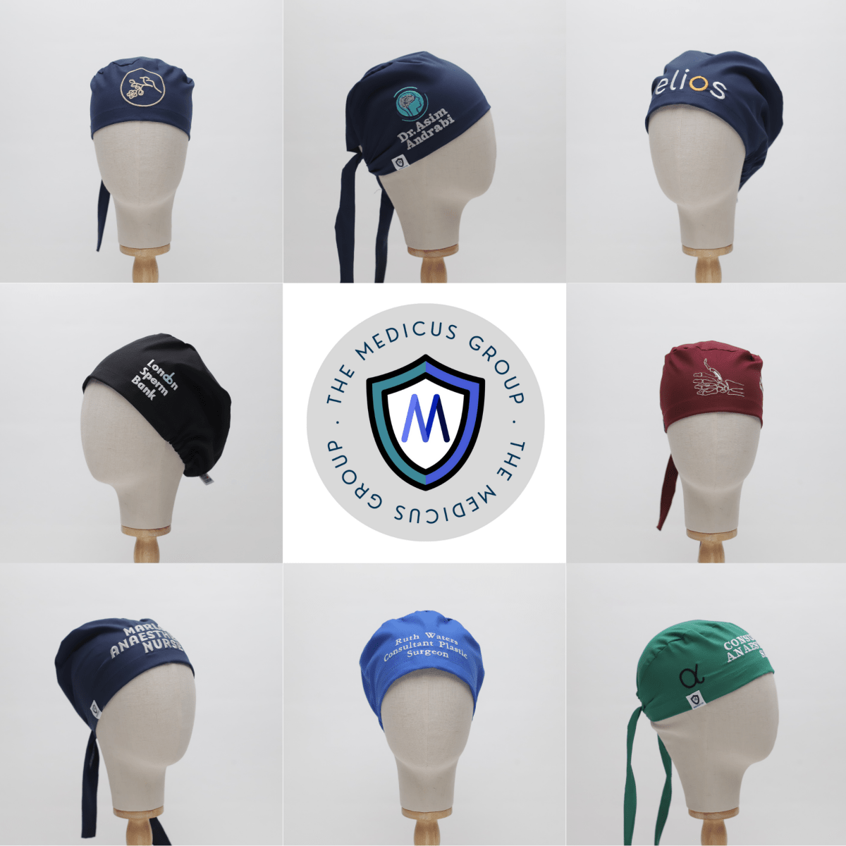 A 3x3 grid displays custom scrub caps on mannequins, each with vibrant colors and personalized embroidery. The centerpiece showcases the Medicus Scrub Caps logo featuring a shield and an M.