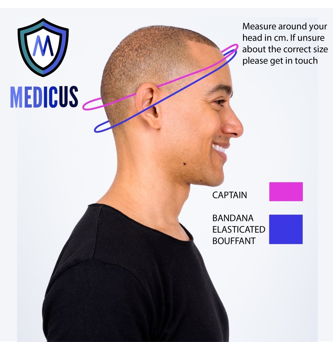 Side profile of a smiling bald man in a black shirt, with two colored lines illustrating head measurements for Medicus Scrub Caps. Text guides on measuring head size. Logo at top left reads Medicus Scrub Caps, known for custom scrub caps with personalized embroidery and high-quality fabric.